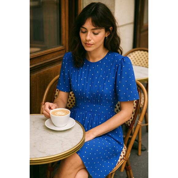 sezane Vintage 6 Mini Hearts SILK Secretary Dress Pleated Librarian Blue White - Picture 3 of 9